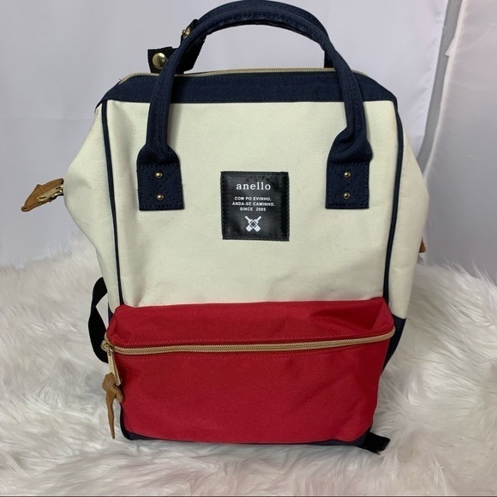 Japan Anello Backpack Purse Red Blue Cream and Leather Details Clean - Picture 1 of 5